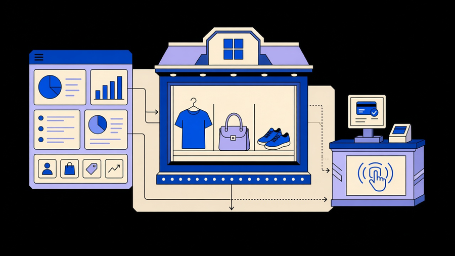 Illustration of a Shopify admin dashboard connected to a storefront, checkout, and shipping boxes