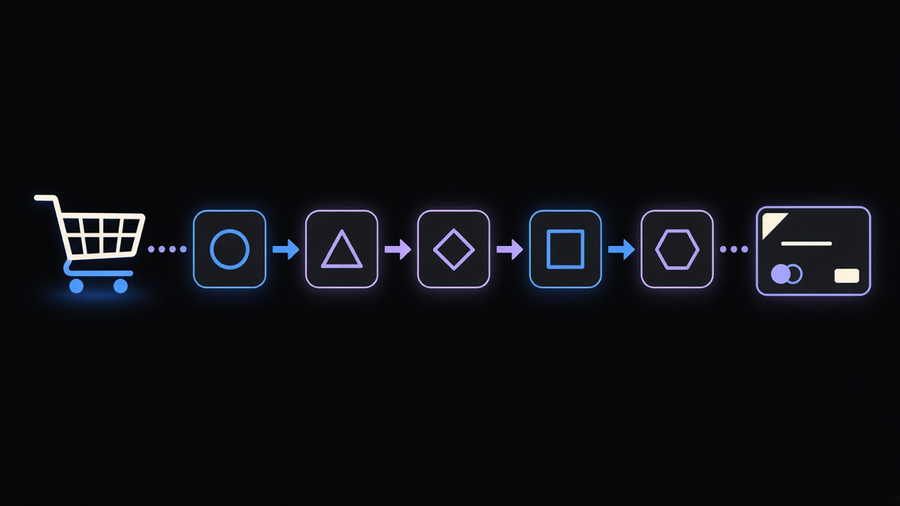 Illustration of a checkout flow with small backend logic blocks injected between cart, discount, and payment steps