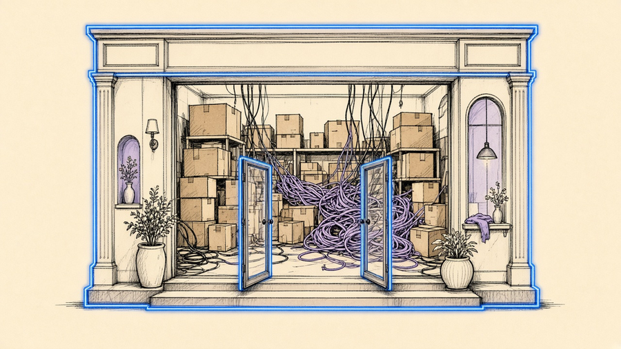 A polished storefront facade with the back wall missing, exposing unlabeled boxes and loose wires