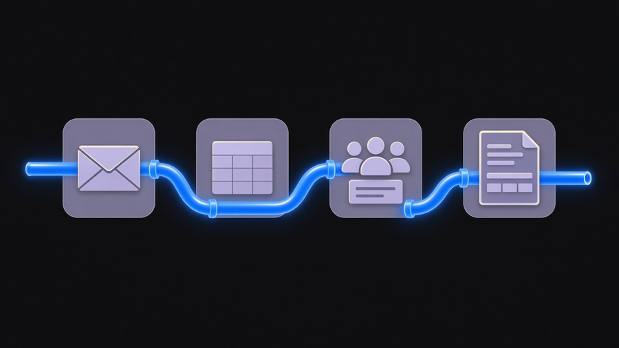A single glowing pipeline connecting several separate software icons into one continuous automated path