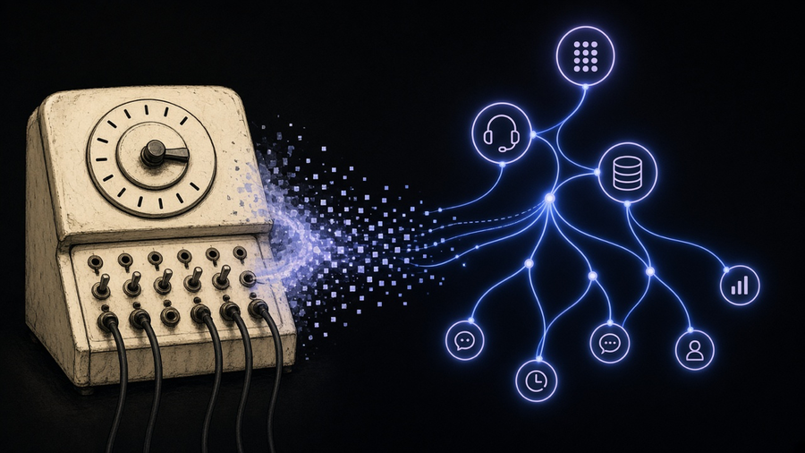 Illustration of an old telephone switchboard morphing into a glowing digital menu tree with branching call paths