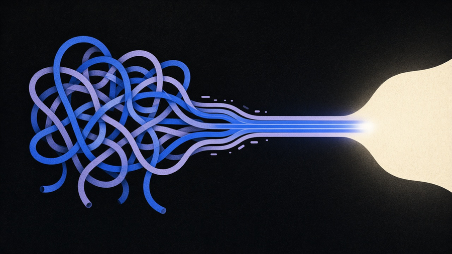 Abstract illustration of tangled workflow lines being routed into a single clean automated path