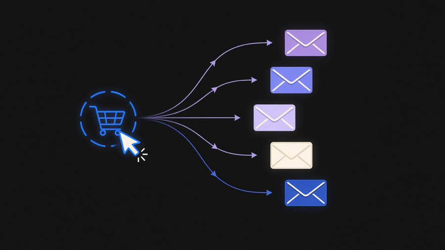 Illustration of email messages branching out from a single trigger event along automated paths