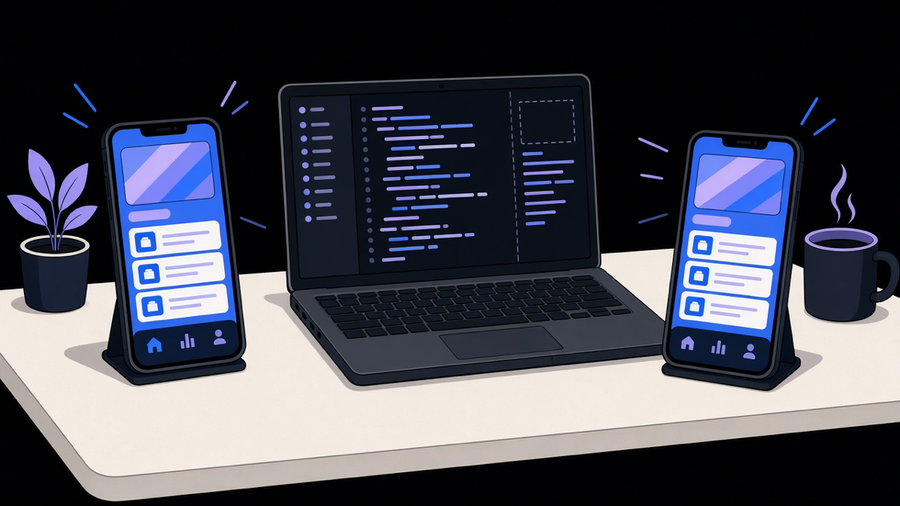 A split workspace scene showing a phone running a native app build next to a shared codebase feeding both Android and iOS devices