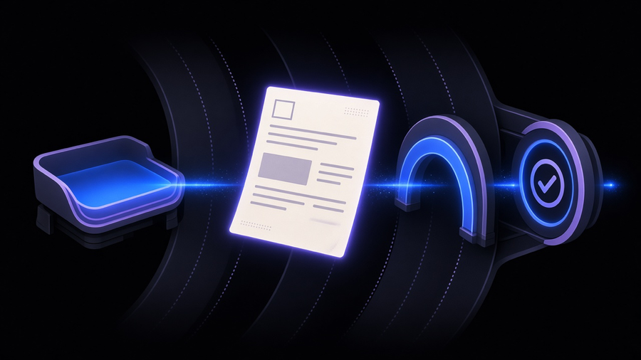 An invoice moving through a glowing automated pipeline from inbox to approval to payment