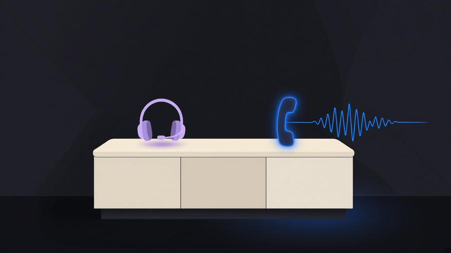 Illustration of a receptionist desk with no chair, just a headset and a glowing phone line running off into the distance