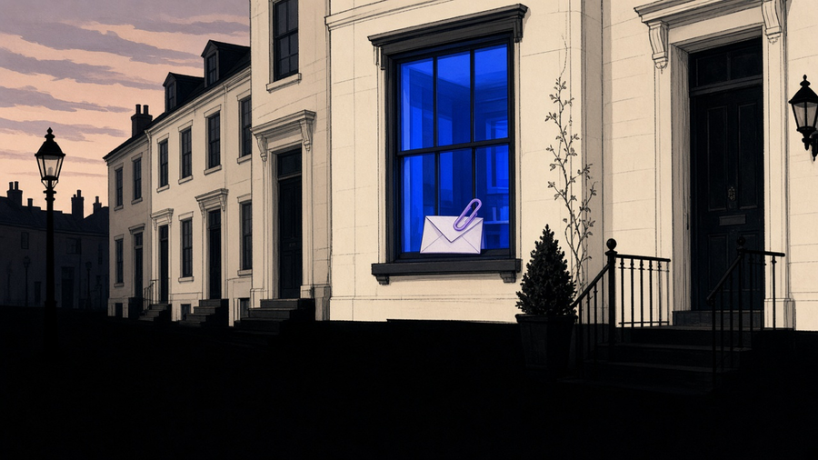 Greater Boston street map with a small workshop window lit indigo, a scope packet on the sill