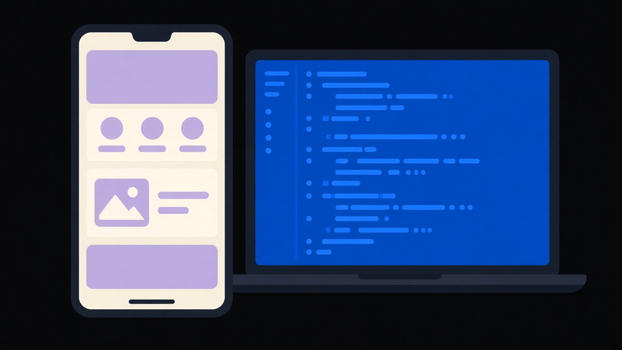 A phone screen showing Kotlin code and a Compose preview side by side on a desk
