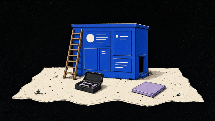 A small indigo website-as-building with a ladder, toolkit, and backup crate on a cream lot