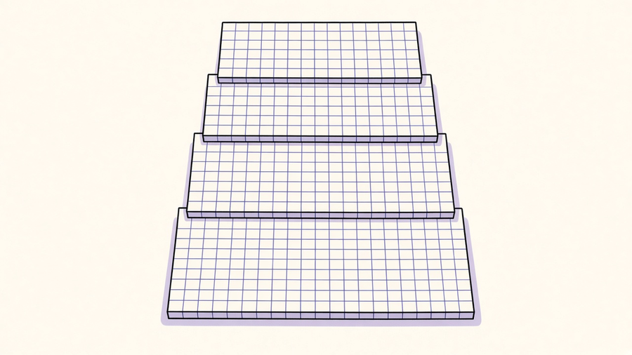 Four stacked invoice ledgers of increasing height, labeled small, mid, enterprise, and platform, indigo ink on cream paper
