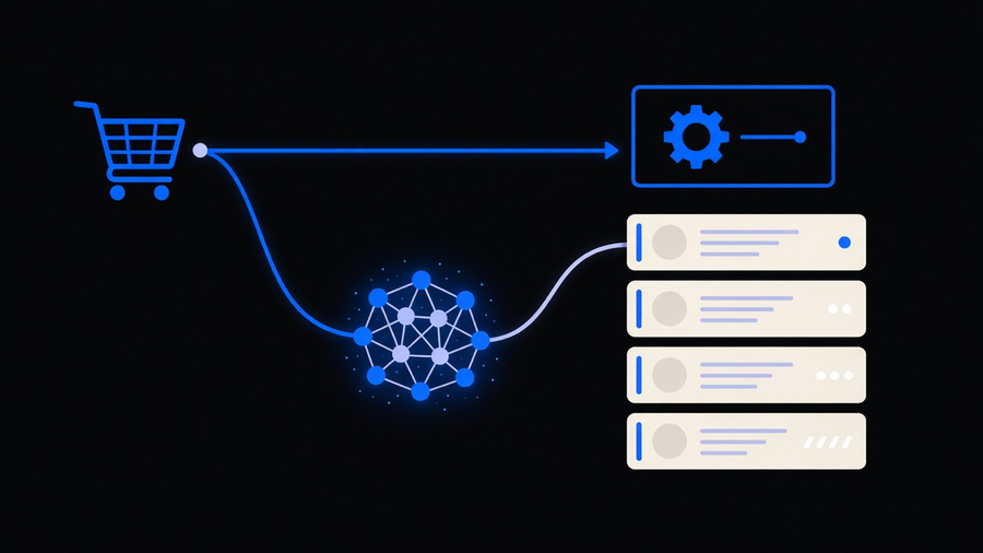 A workflow diagram where a rules-based trigger branches into an AI prediction node that scores and routes a lead
