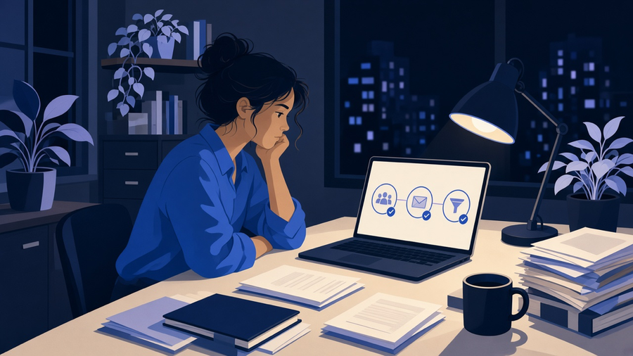 A small business owner watching a lead move through an automated email and follow-up sequence on a laptop