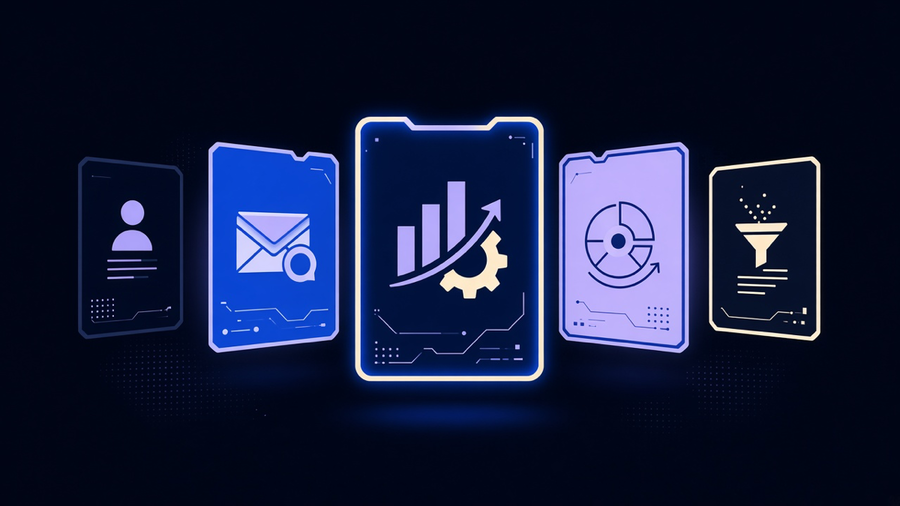 A row of glowing control panels representing different marketing automation platforms, with one highlighted.