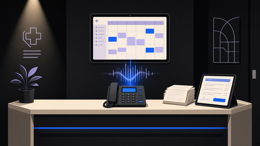 Illustration of a small clinic front desk where phone, calendar, and paperwork tasks flow into a single connected system