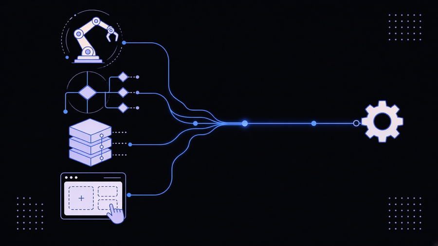 Abstract illustration of several software platform icons narrowing into one automated workflow path