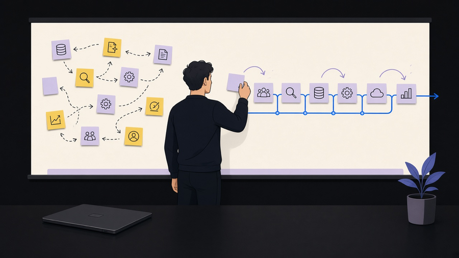 A consultant at a whiteboard connecting sticky notes into a single automated pipeline while a software dashboard sits unopened on a laptop nearby