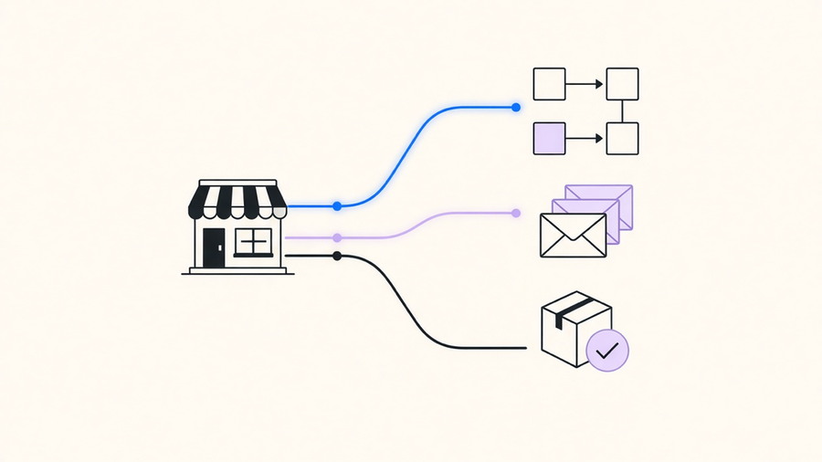 Split illustration of a Shopify storefront connected to automated email flows and order routing paths