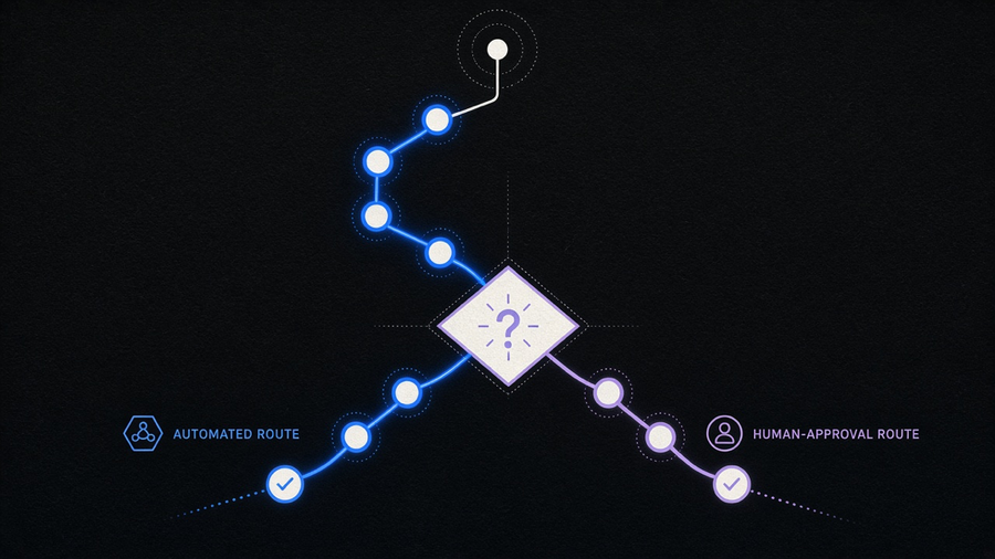 Abstract illustration of branching workflow paths with a decision node routing between automated and human-approved routes