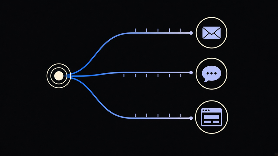 A branching workflow map showing a single customer trigger splitting into timed email, SMS, and web actions