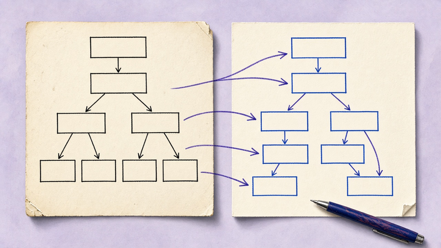 A desk with an old sitemap printout and a new sitemap printout connected by hand-drawn arrows in indigo ink