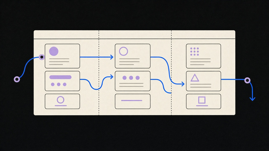 A CRM pipeline board with automated workflow arrows connecting stages, rendered in ink and cobalt tones