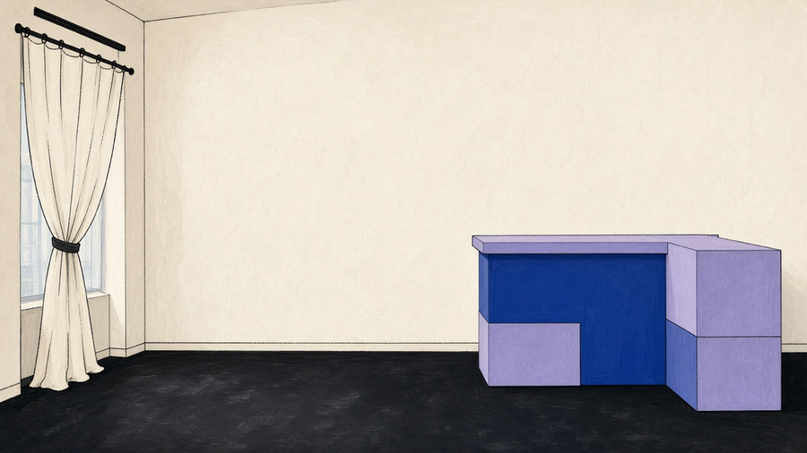 Empty shop interior with a stock theme hanging like a curtain on one side and a fitted custom counter on the other