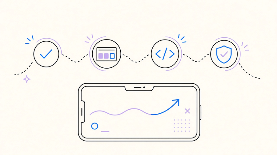 Split illustration of a mobile app moving through design, sprint, and store review stages