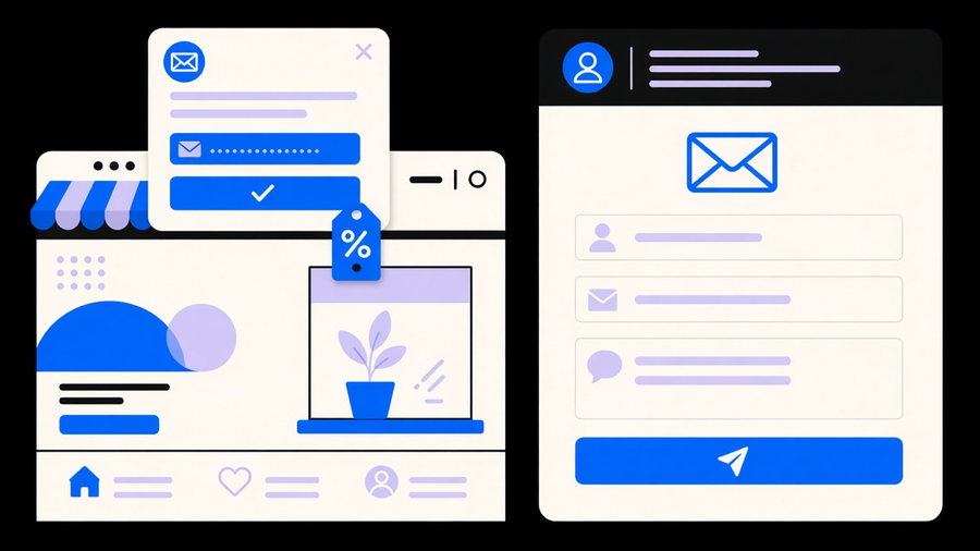 Split illustration of a popup email capture form on one side and a storefront contact page form on the other