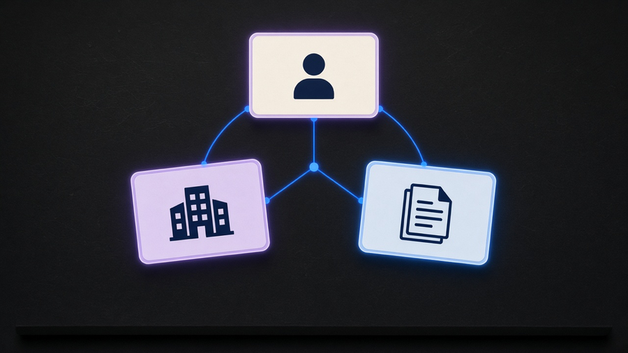 Three glowing record cards for a lead, a deal, and an account connected by lines against a dark background