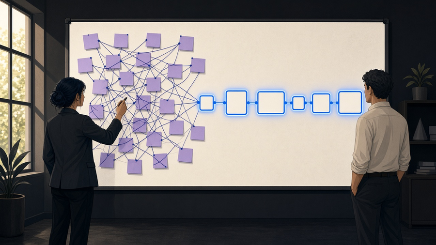 A consultant and a business owner mapping a tangled workflow on a whiteboard next to a single clean automated pipeline