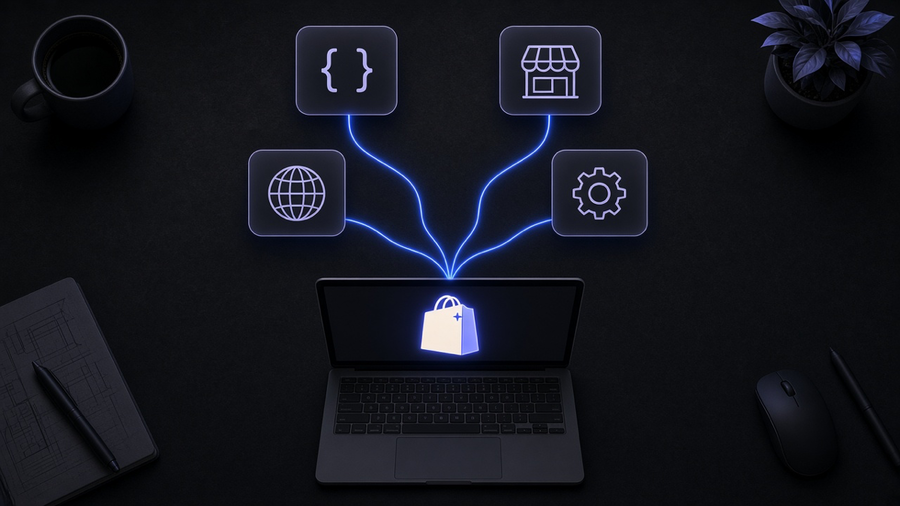 Four glowing panels representing Shopify's Admin, Storefront, REST, and Functions APIs connected around a central store icon