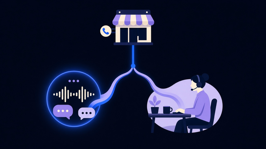 Illustration of a storefront phone line splitting into a calm AI voice agent branch and a human staff branch