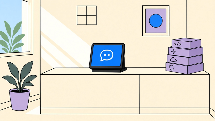 Illustration of a small storefront with a single glowing automated task running beside a stack of unopened enterprise software boxes