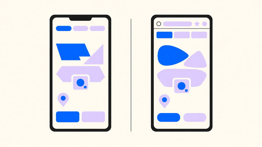 Split illustration of a native app screen built from platform components next to a hybrid app screen wrapped in a browser shell