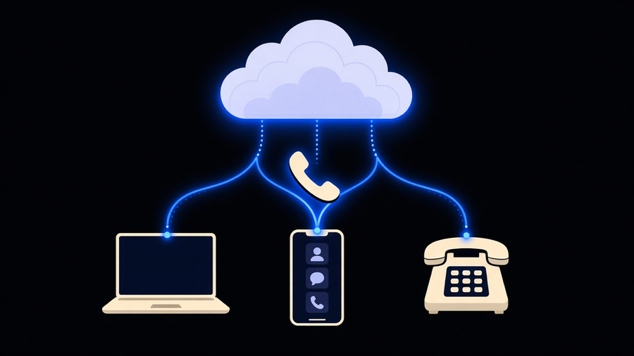 Illustration of a business phone number branching through the internet into a laptop, a mobile app, and a desk phone