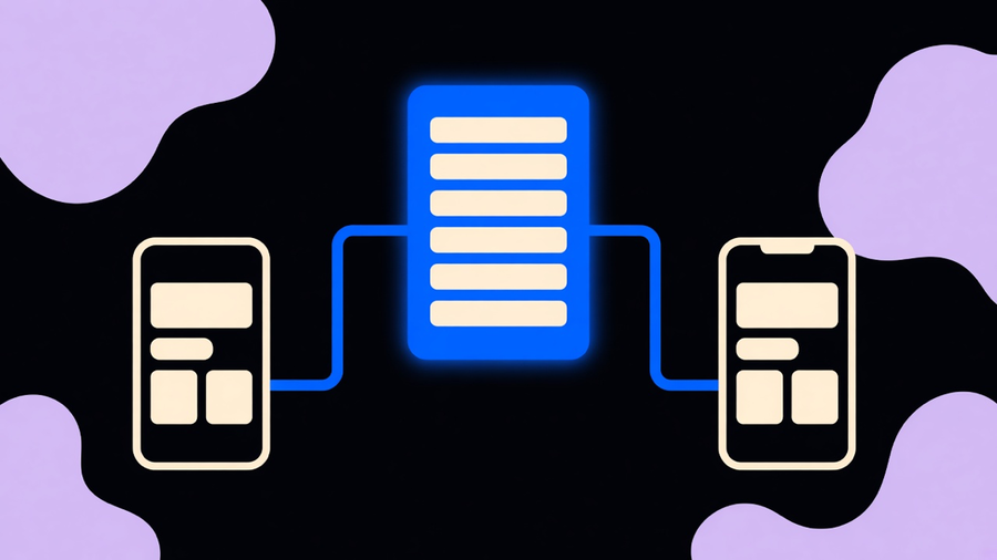 Split screen showing one shared codebase branching into an Android phone and an iPhone, rendered in flat illustration style