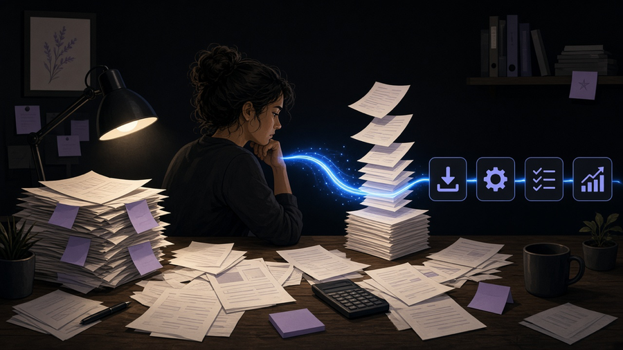 A small business owner at a cluttered desk with a single glowing automated thread pulling paperwork into order while the rest of the desk stays chaotic