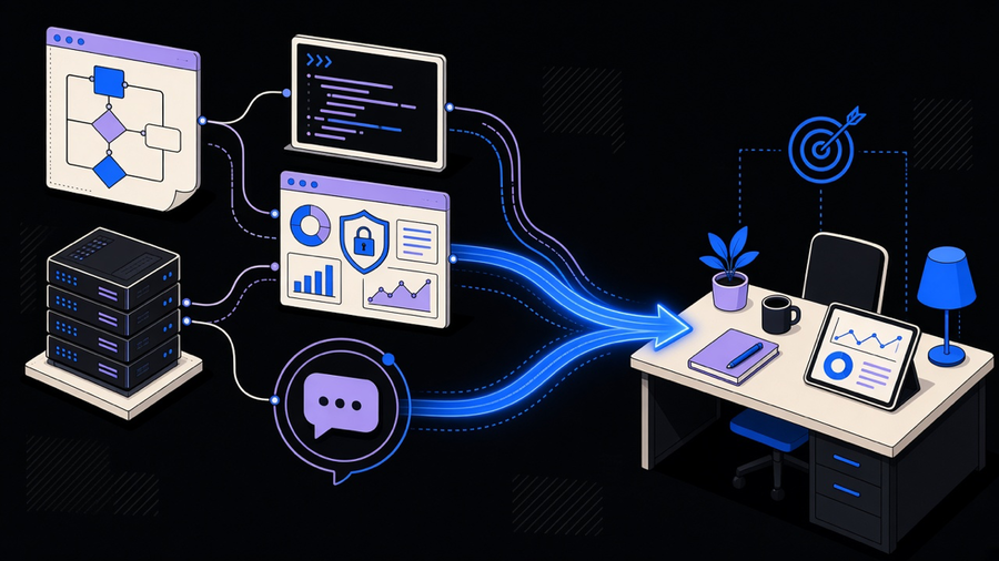 Five distinct automation platform icons arranged as separate lanes feeding into one business workflow