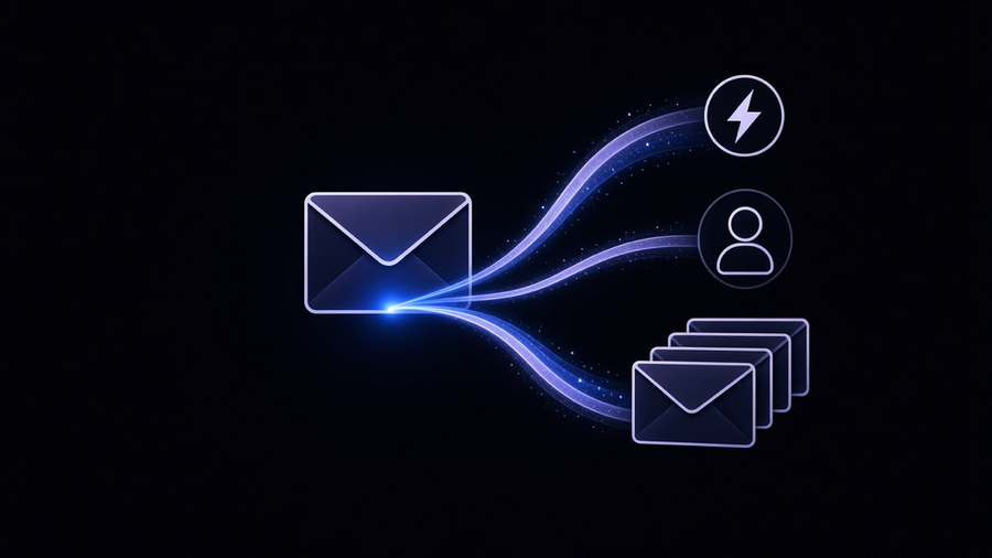 A single email icon splitting into three paths: a triggered send, an inbox auto-reply, and a mass broadcast list