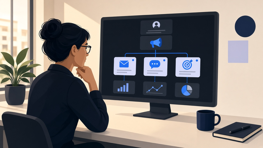 A marketer watching a campaign flow through automated email, SMS, and ad triggers on a dashboard