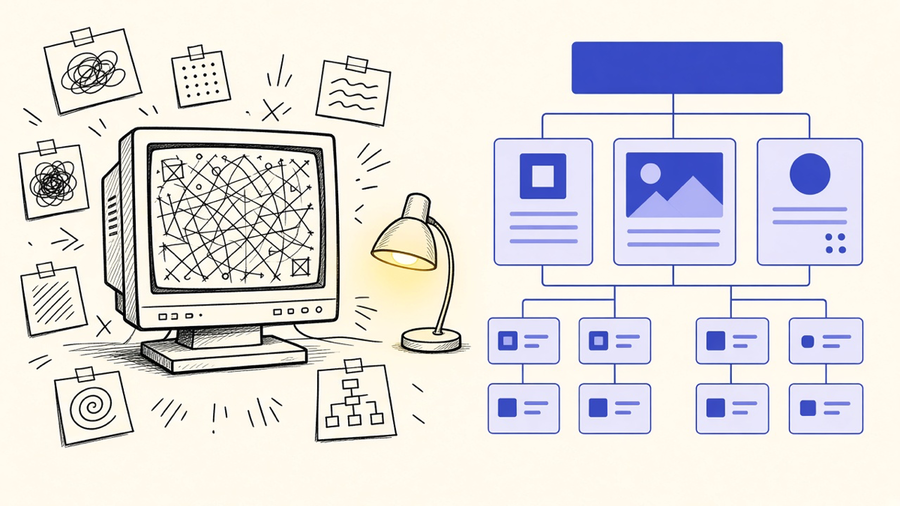 A split desk scene showing a dated website wireframe on one monitor and a rebuilt site architecture on the other