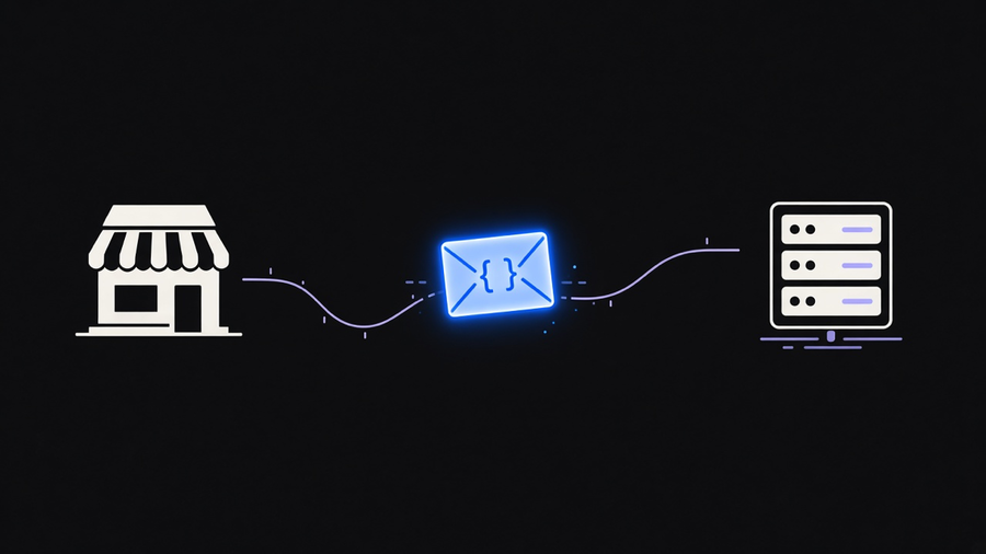 A Shopify order event traveling as a glowing packet from a storefront into a small receiving server
