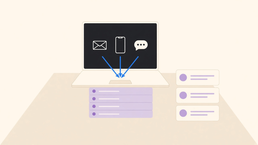 A sales rep's desk with a laptop showing a unified outreach dashboard, small icons for email, phone, and social branching out toward rows of prospect cards.