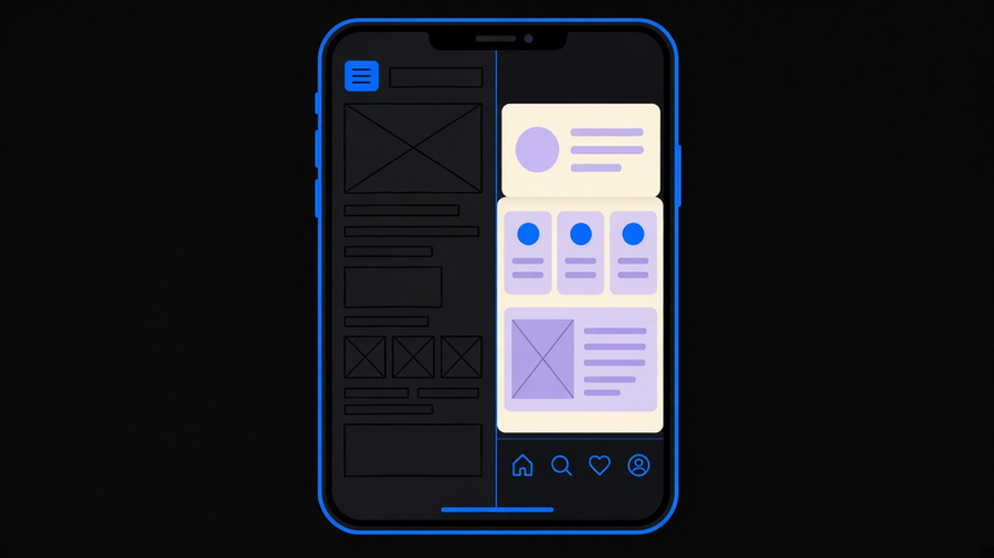 A phone screen split between a wireframe sketch and a finished app interface, with app store icons floating around it