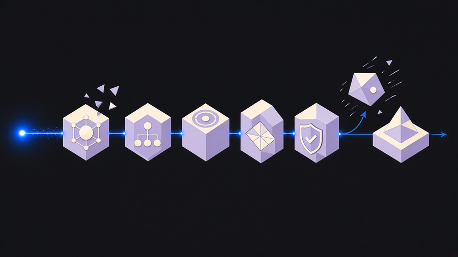 Abstract illustration of a business process flowchart being assembled from glowing connected modules