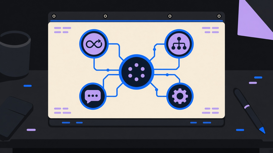 Illustration of several small automated workflows converging into one control panel, each represented by a distinct icon for agent, workflow, and copilot