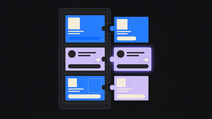 Illustration of modular blocks snapping into place along a single checkout flow