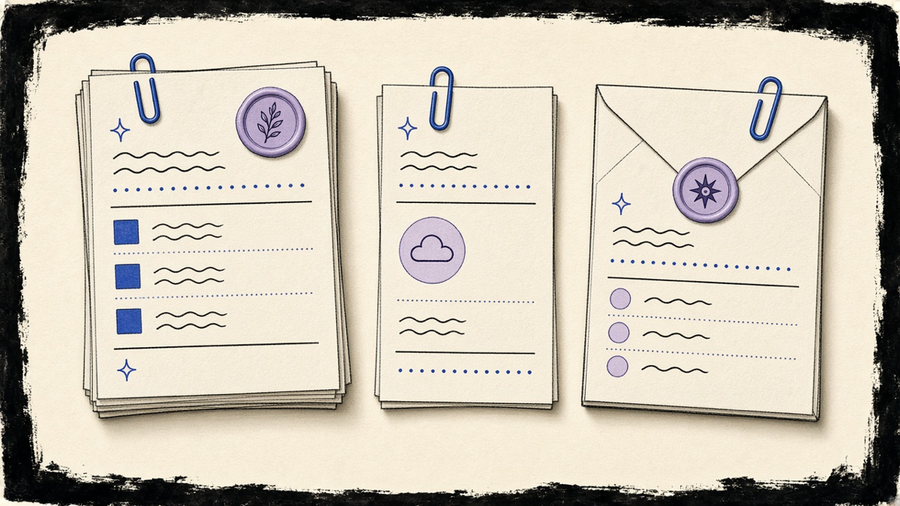 Three separate invoices on a cream desk: a one-time build, a monthly hosting slip, and a yearly extras stack