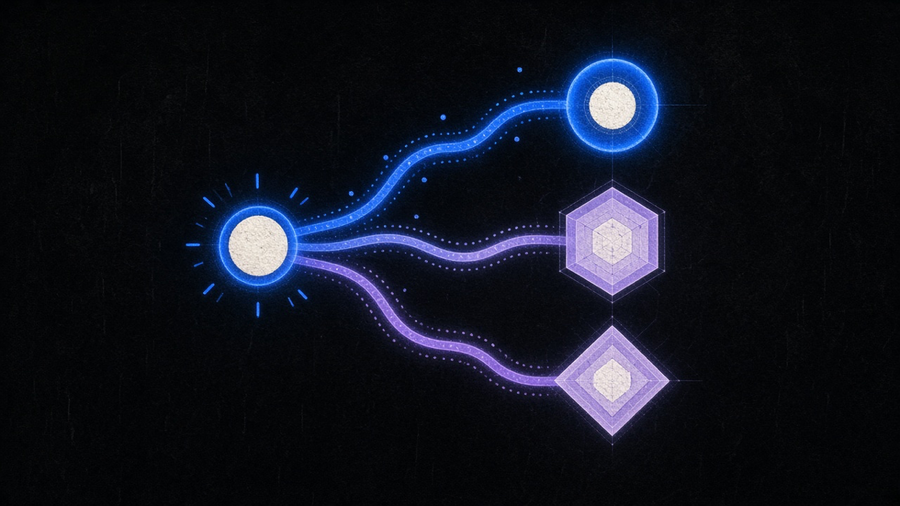 Three glowing workflow paths branching from one trigger node, labeled with distinct automation tool shapes
