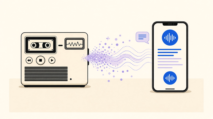 Illustration of an old answering machine transforming into a modern phone screen showing a live call transcript